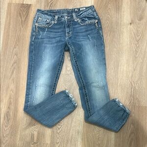 Miss Me Blue Ankle Cropped Jeans with Distressed Hem